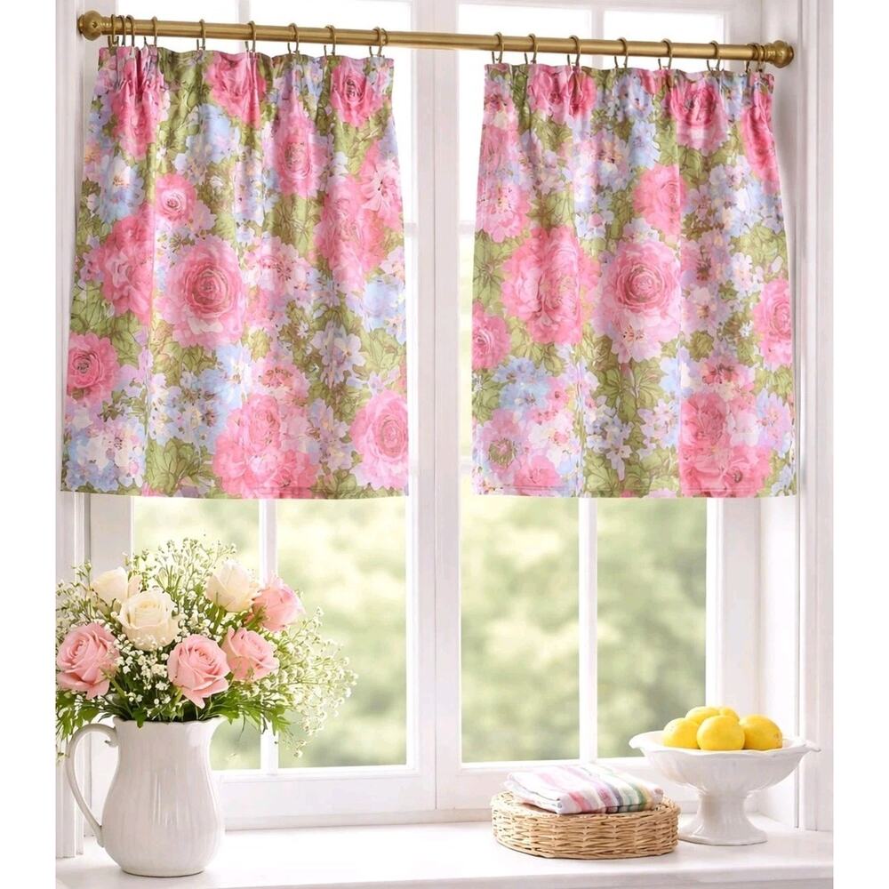Vtg JCPenney Floral Rose Cafe Curtains Pinch Pleated Cottage Manor 36” Pair New